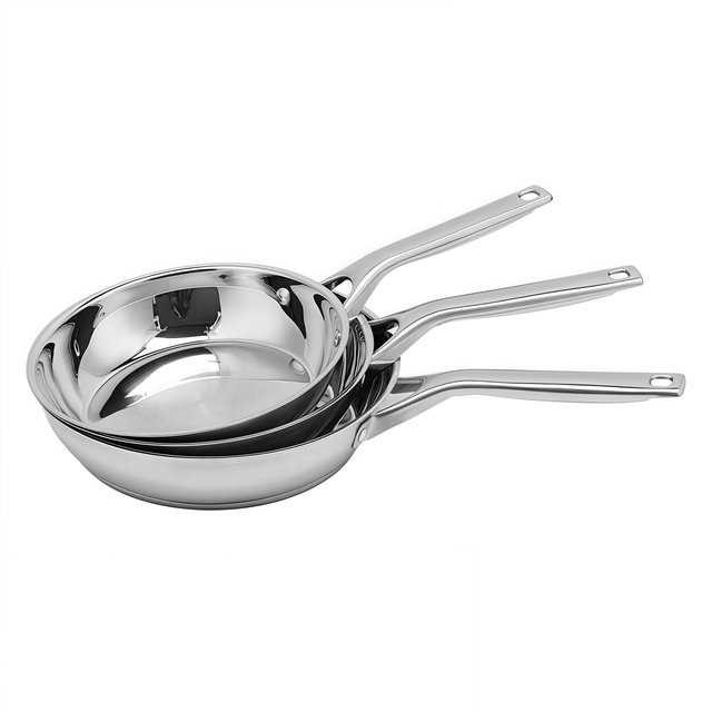 Heißer Verkauf Großhandel dreilagige Basis Edelstahlpfanne 20/24/26/28 cm 8 Zoll/10 Zoll/12 Zoll nicht beschichtete Kochgeschirr-Bratpfanne