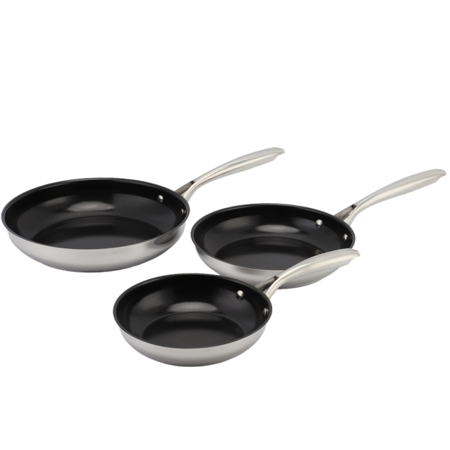 Heißer Verkauf Großhandel Dreilagige Basis Edelstahlpfanne 20/24/26/28 cm 8 Zoll/10 Zoll/12 Zoll Antihaft-Kochgeschirr-Bratpfanne mit Keramikbeschichtung