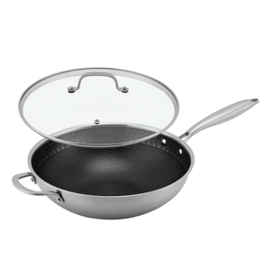 Dreilagige Hybrid-Pfanne und Wok mit doppelten Ohren, PFAS, PFOA-frei, Waben-Edelstahl-Antihaft-Wok-Pfanne, Kochgeschirr mit Glasdeckel