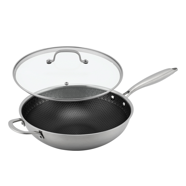Dreilagige Hybrid-Pfanne und Wok mit doppelten Ohren, PFAS, PFOA-frei, Waben-Edelstahl-Antihaft-Wok-Pfanne, Kochgeschirr mit Glasdeckel