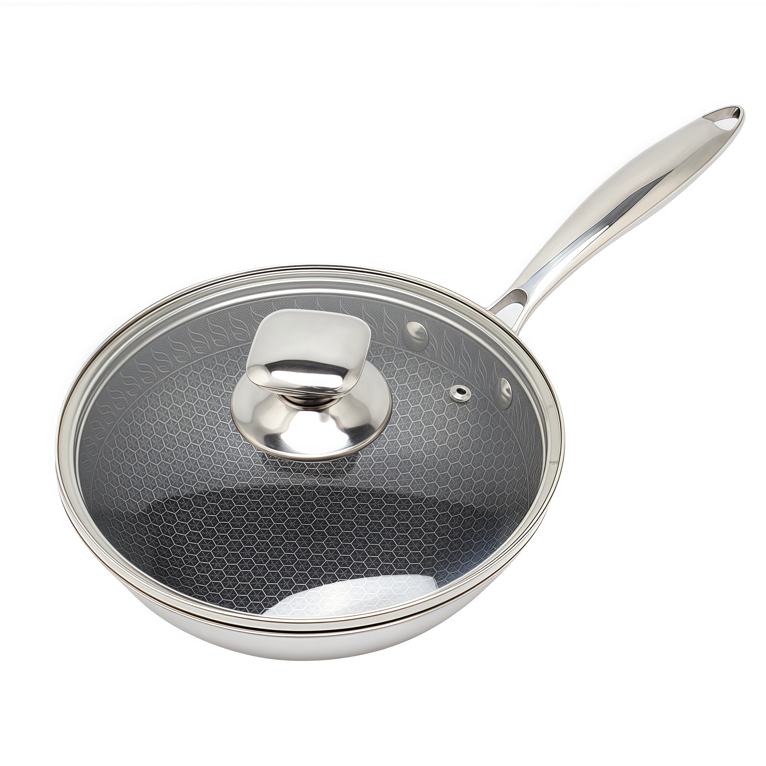 Dreilagige Hybrid-Pfanne und Wok mit doppelten Ohren, PFAS, PFOA-frei, Waben-Edelstahl-Antihaft-Wok-Pfanne, Kochgeschirr mit Glasdeckel