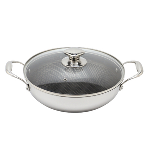 Dreilagige Hybrid-Pfanne und Wok mit doppelten Ohren, PFAS, PFOA-frei, Waben-Edelstahl-Antihaft-Wok-Pfanne, Kochgeschirr mit Glasdeckel