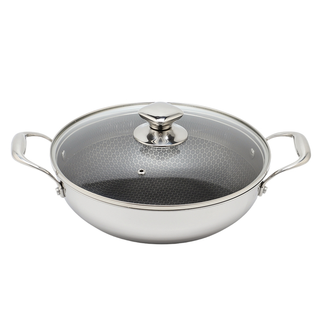 Dreilagige Hybrid-Pfanne und Wok mit doppelten Ohren, PFAS, PFOA-frei, Waben-Edelstahl-Antihaft-Wok-Pfanne, Kochgeschirr mit Glasdeckel