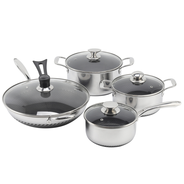 Antihaftbeschichtetes, dreilagiges Waben-Kochgeschirr-Set aus Edelstahl, Töpfe und Pfannen aus Edelstahl, Bratpfanne, Wok, Pizzapfanne, Kochtopf, Topfset