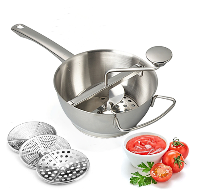Rotierende Edelstahl-Lebensmittelmühle, Sieb, Kartoffelstampfer, Mühle, Gemüsemühle, Edelstahlgriff mit 3 Mahlscheiben