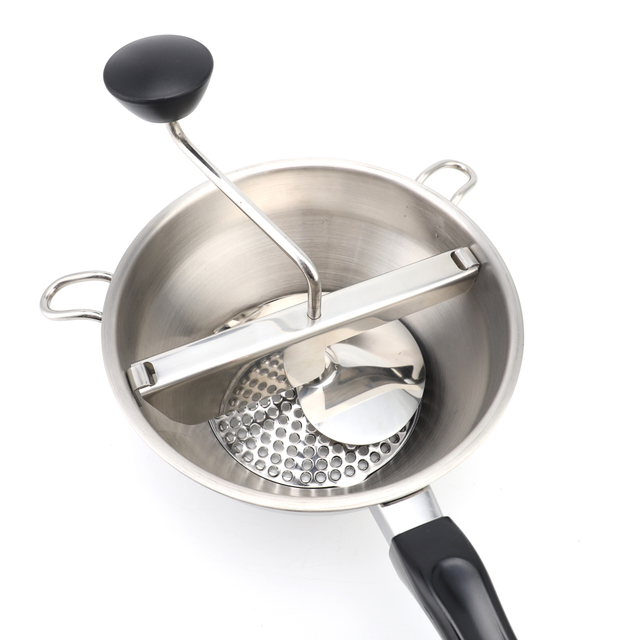 Rotierende Edelstahl-Lebensmittelmühle, Sieb, Kartoffelstampfer, Mühle, Gemüsemühle, schwarzer Griff mit 3 Mahlscheiben