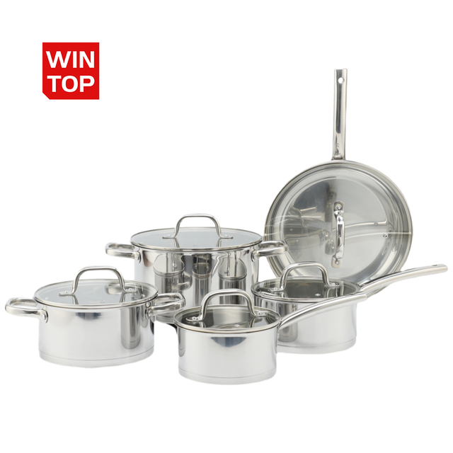 10-teiliges klassisches Kochgeschirr-Großhandels-Edelstahl-430-Auflauf-Kochtopf-Bratpfannen-Küchengeschirr-Set mit Glasdeckel