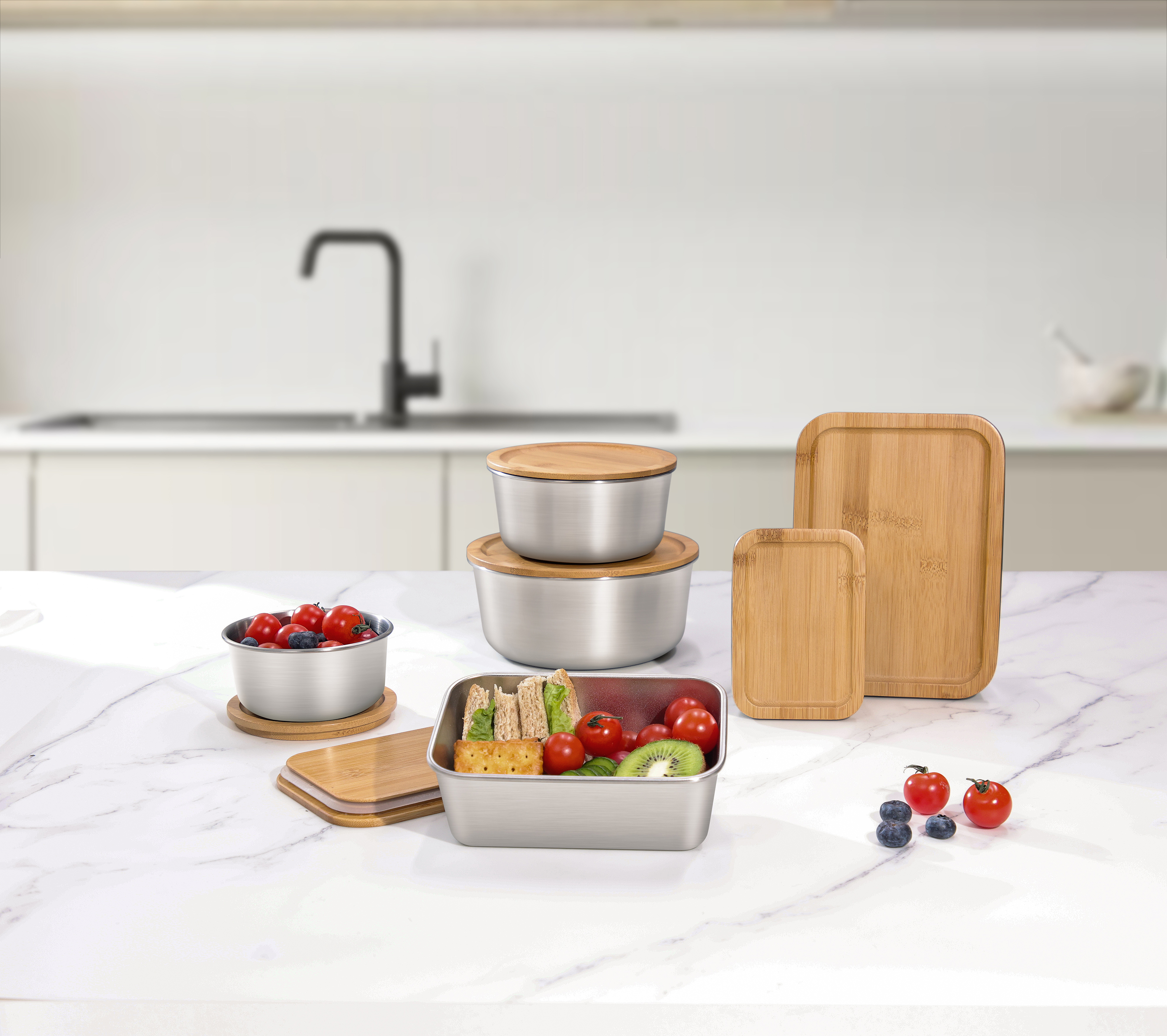 Bambusdeckel, Lebensmittelbehälter aus Edelstahl, Lebensmittelverpackungsbehälter, auslaufsichere Metall-Bento-Lunchbox, Lebensmittelträger aus Edelstahl