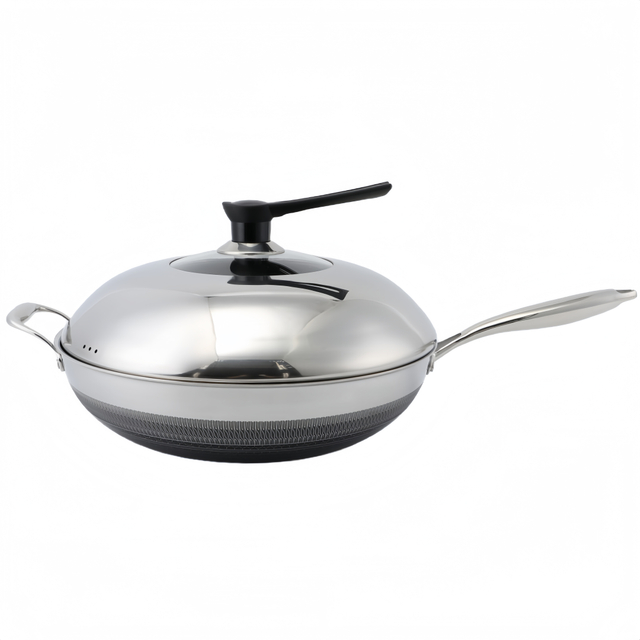 Hybrider TriPly-Edelstahl-Antihaft-Wok mit Griff, ohne Beschichtung, antihaftbeschichtetes Kochgeschirr, unterstützt ODM/OEM, ungiftig, ohne PFAS. PFAS