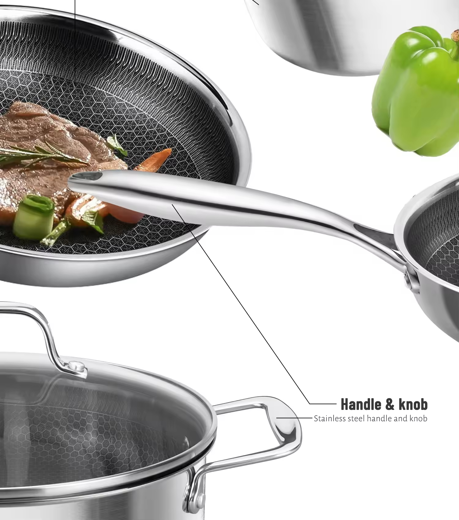 8-teiliges Antihaft-Kochgeschirr-Set aus Edelstahl mit Hex-Hybrid-Wabenboden, Kochtopf, Suppentopf, Bratpfanne, Wok-Set mit Glasdeckel