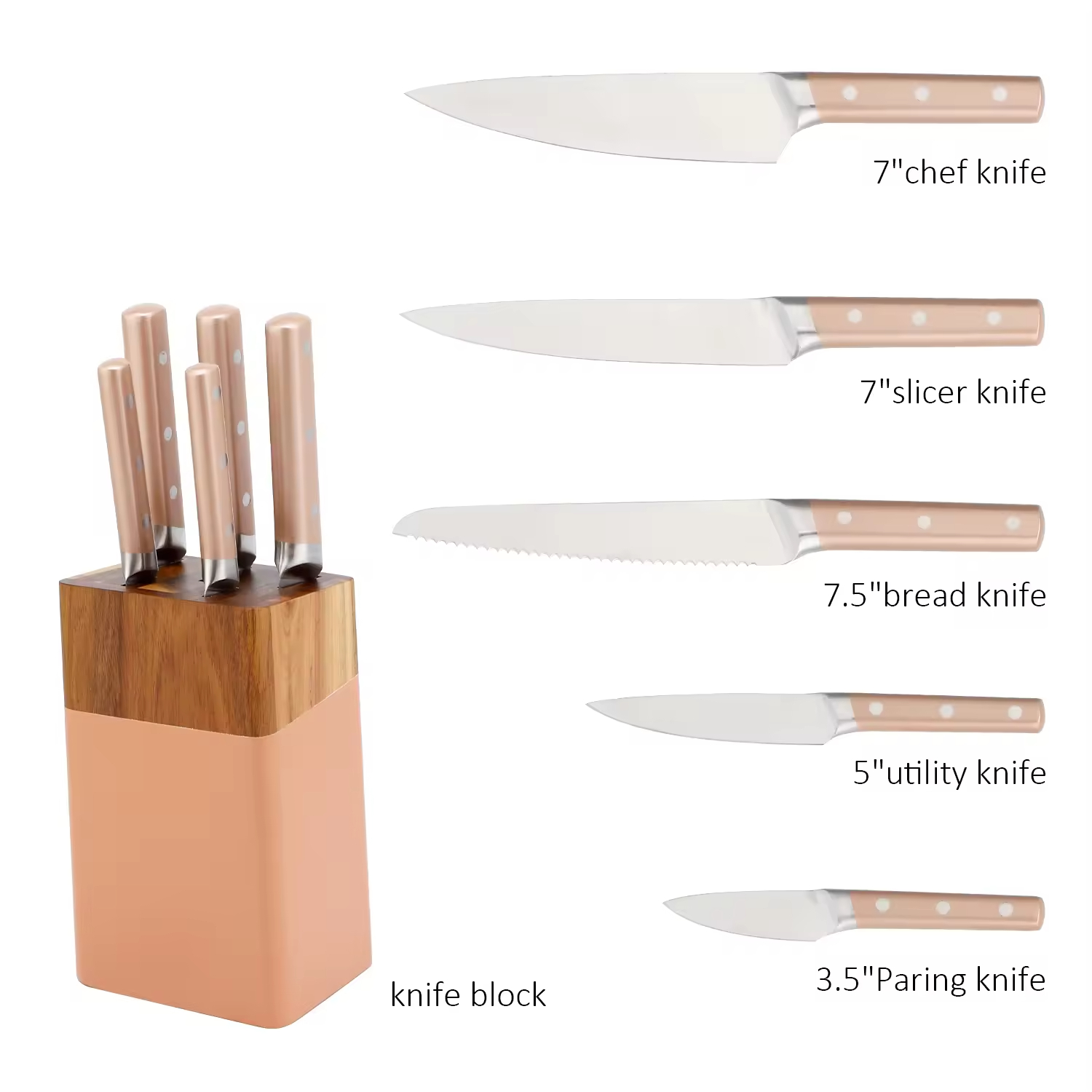 Küchenmesser-Set, 6-teilig, aus Edelstahl mit Hohlgriff und Akazienholzblock, direkt aus der Fabrik, Küchenutensilien