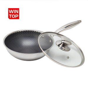 Dreilagige Hybrid-Pfanne und Wok mit doppelten Ohren, PFAS, PFOA-frei, Waben-Edelstahl-Antihaft-Wok-Pfanne, Kochgeschirr mit Glasdeckel