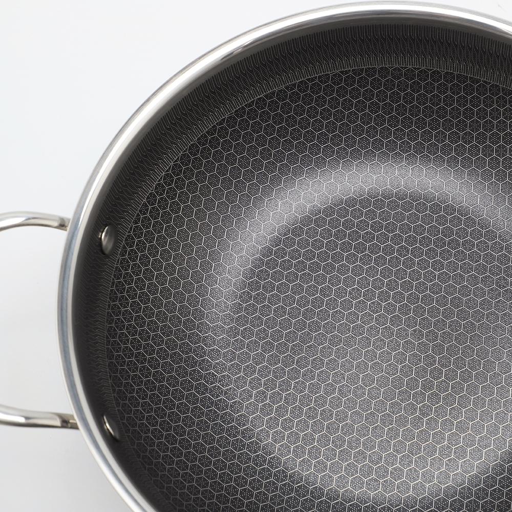 Dreilagige Hybrid-Pfanne und Wok mit doppelten Ohren, PFAS, PFOA-frei, Waben-Edelstahl-Antihaft-Wok-Pfanne, Kochgeschirr mit Glasdeckel