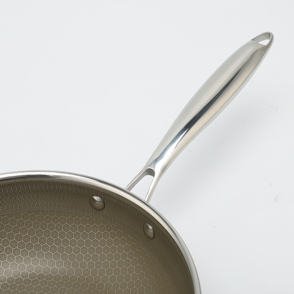 Dreilagige Hybrid-Pfanne und Wok mit Doppelohren, PFAS, PFOA-frei, Titanbeschichtung, Edelstahl, Antihaft-Wok-Pfanne, Kochgeschirr mit Glasdeckel
