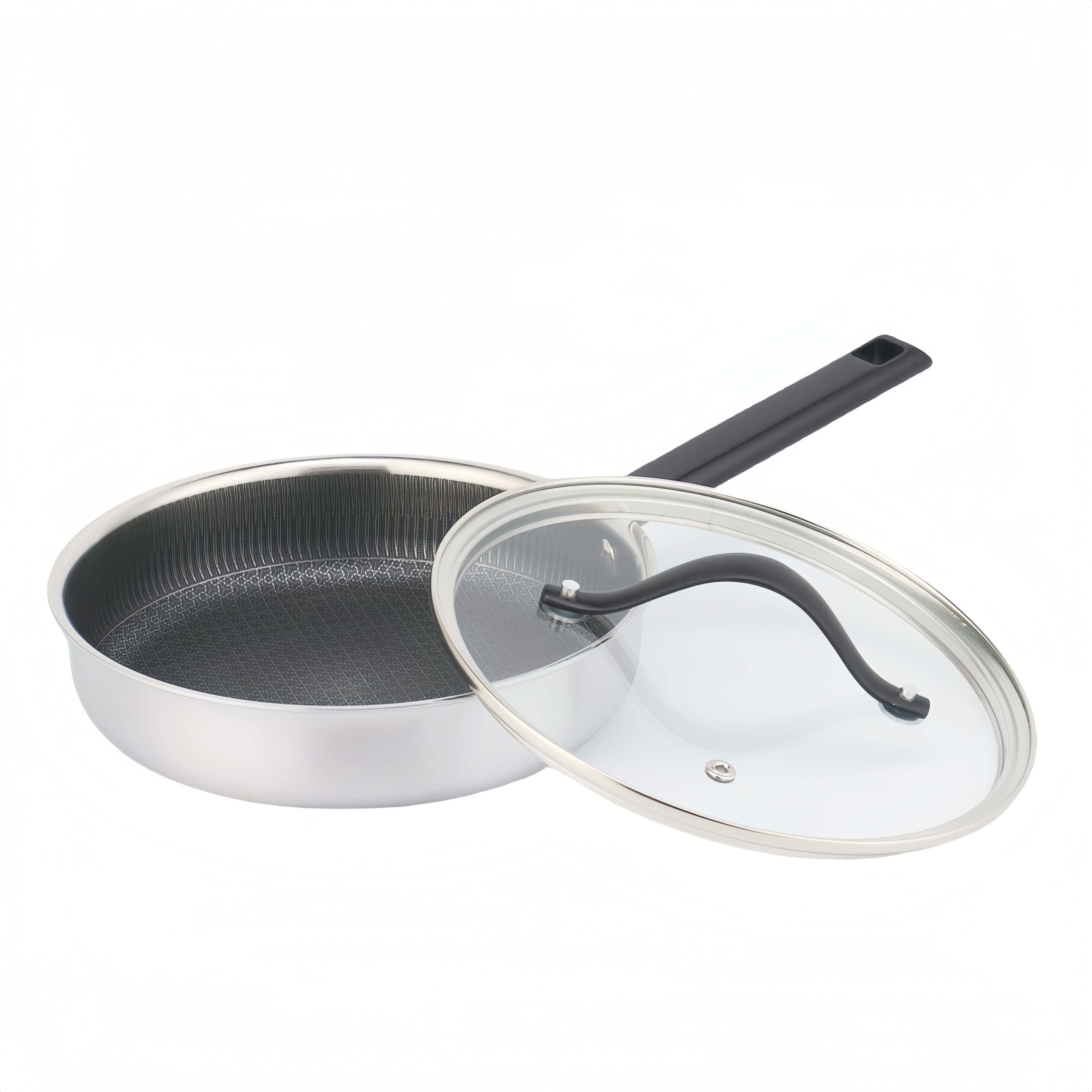 Großhandel 10-teiliges dreilagiges Edelstahl-Küchen-Kochpfannen-Topf-Set, dreifach antihaftbeschichtetes Kochgeschirr-Set mit individuellem schwarzem Griff