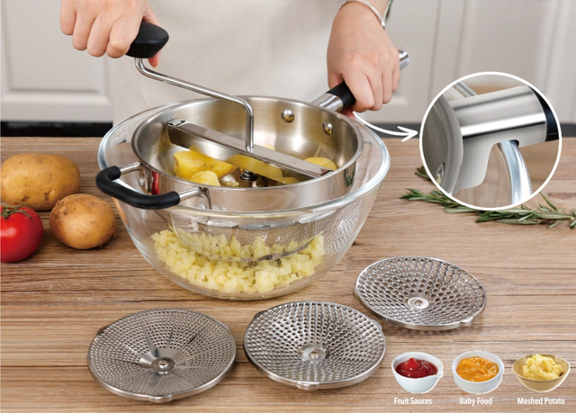 Rotierende Edelstahl-Lebensmittelmühlensiebe und Edelstahl-Rührschüssel-Sets, Kartoffelstampfer, Mühle, Gemüsemühle, Salatschüsseln