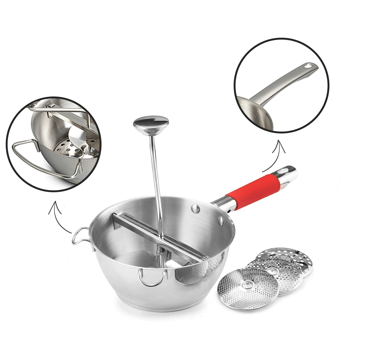 Rotierende Edelstahl-Lebensmittelmühle, Sieb, Kartoffelstampfer, Mühle, Gemüsemühle, Edelstahlgriff mit 3 Mahlscheiben