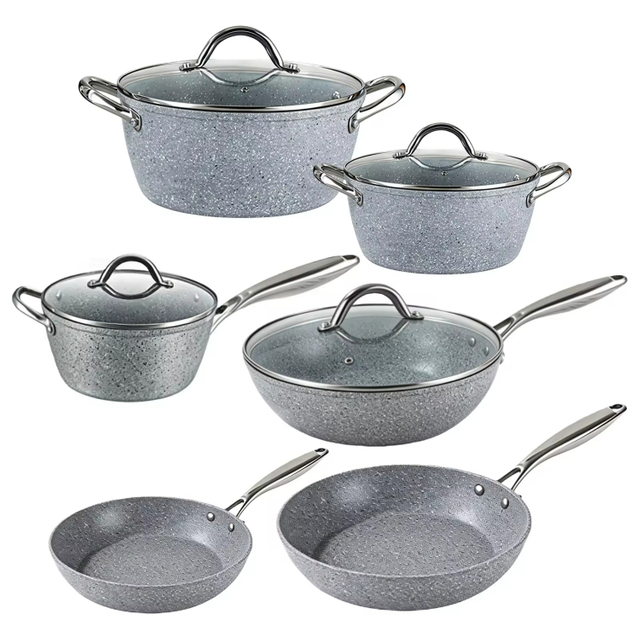 10-teiliges Kochtopf-Set aus recyceltem, schwerem, antihaftbeschichtetem Aluminium für die Küche zu Hause mit Stahlgriff, leicht zu reinigen, Marmor-Finish