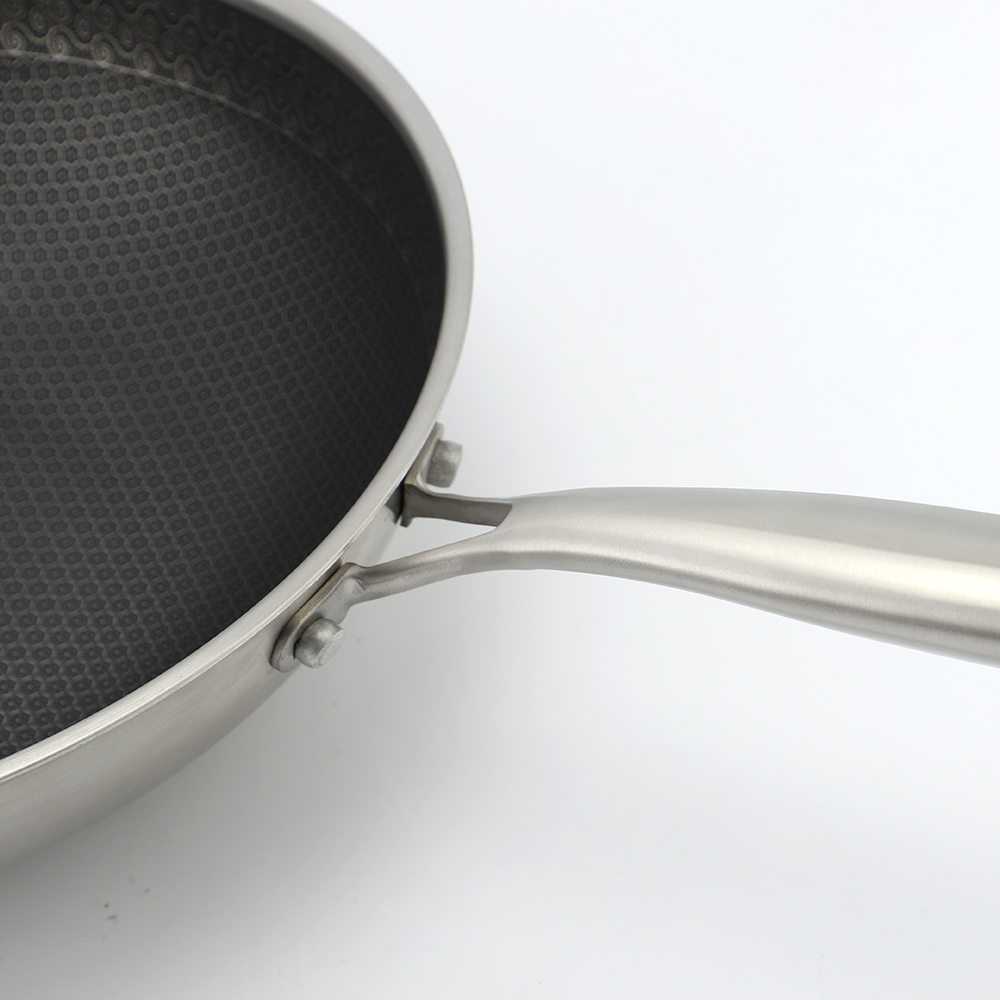 Dreilagige Hybrid-Pfanne und Wok mit doppelten Ohren, PFAS, PFOA-frei, Waben-Edelstahl-Antihaft-Wok-Pfanne, Kochgeschirr mit Glasdeckel