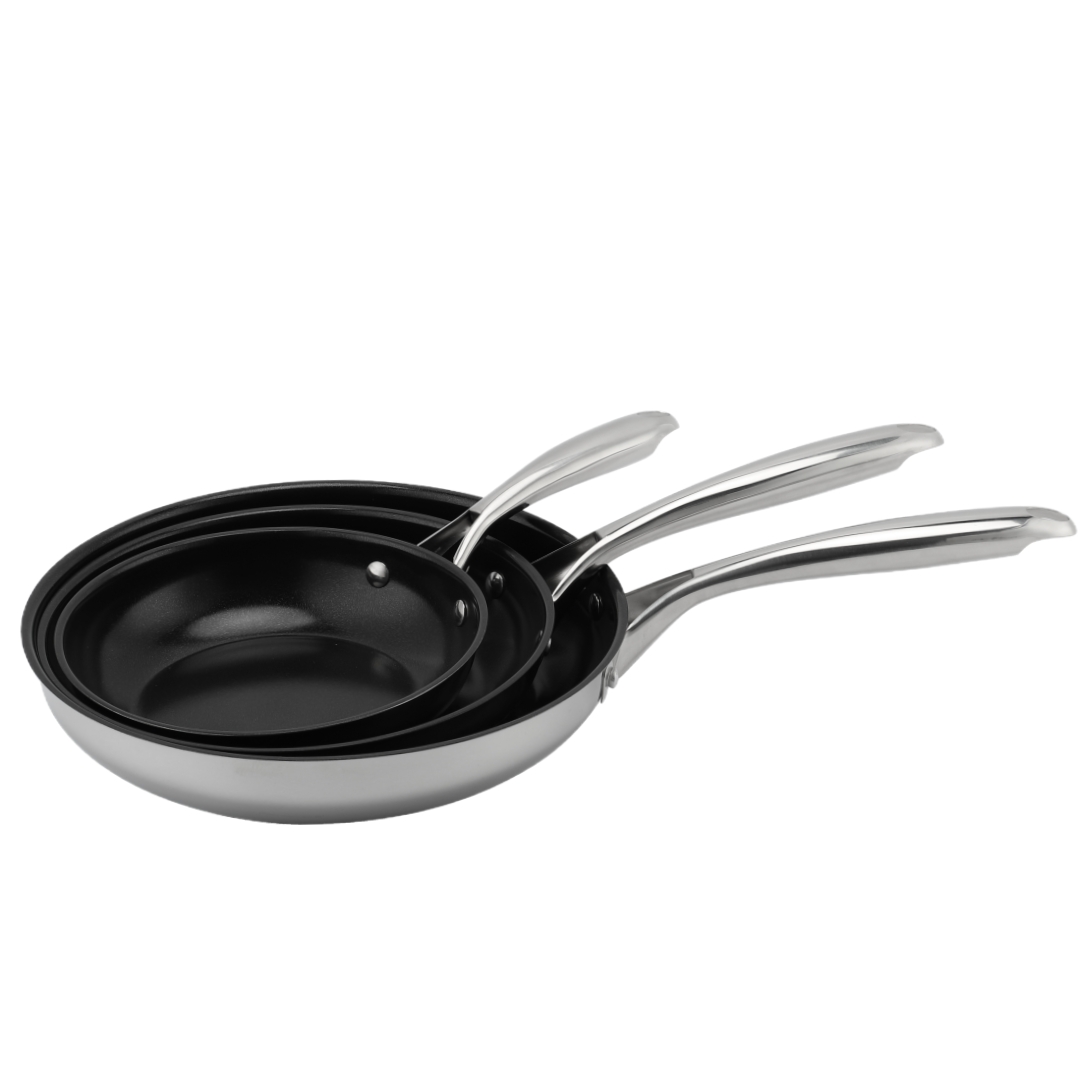 Heißer Verkauf Großhandel Dreilagige Basis Edelstahlpfanne 20/24/26/28 cm 8 Zoll/10 Zoll/12 Zoll Antihaft-Kochgeschirr-Bratpfanne mit Keramikbeschichtung