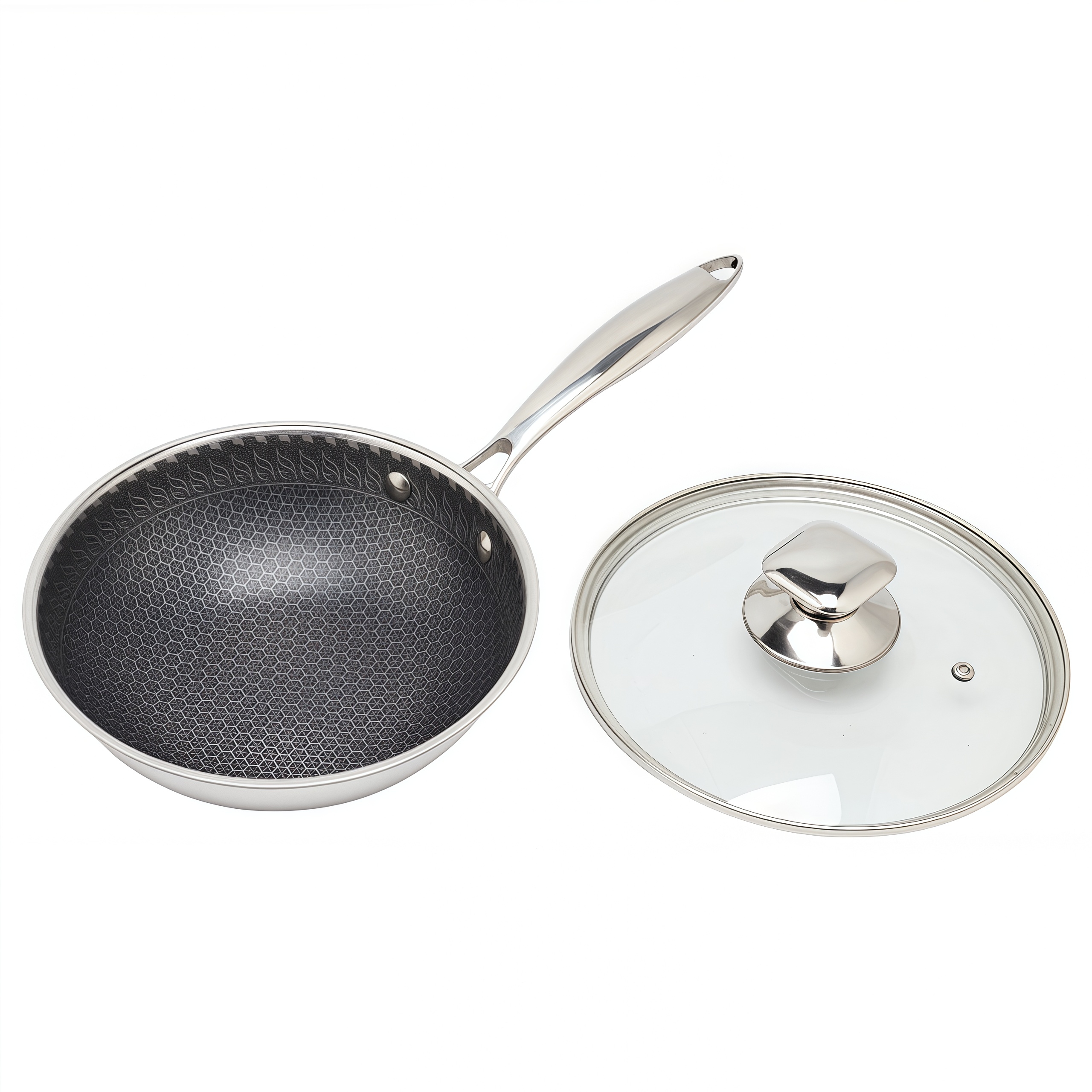 Dreilagige Hybrid-Pfanne und Wok mit doppelten Ohren, PFAS, PFOA-frei, Waben-Edelstahl-Antihaft-Wok-Pfanne, Kochgeschirr mit Glasdeckel