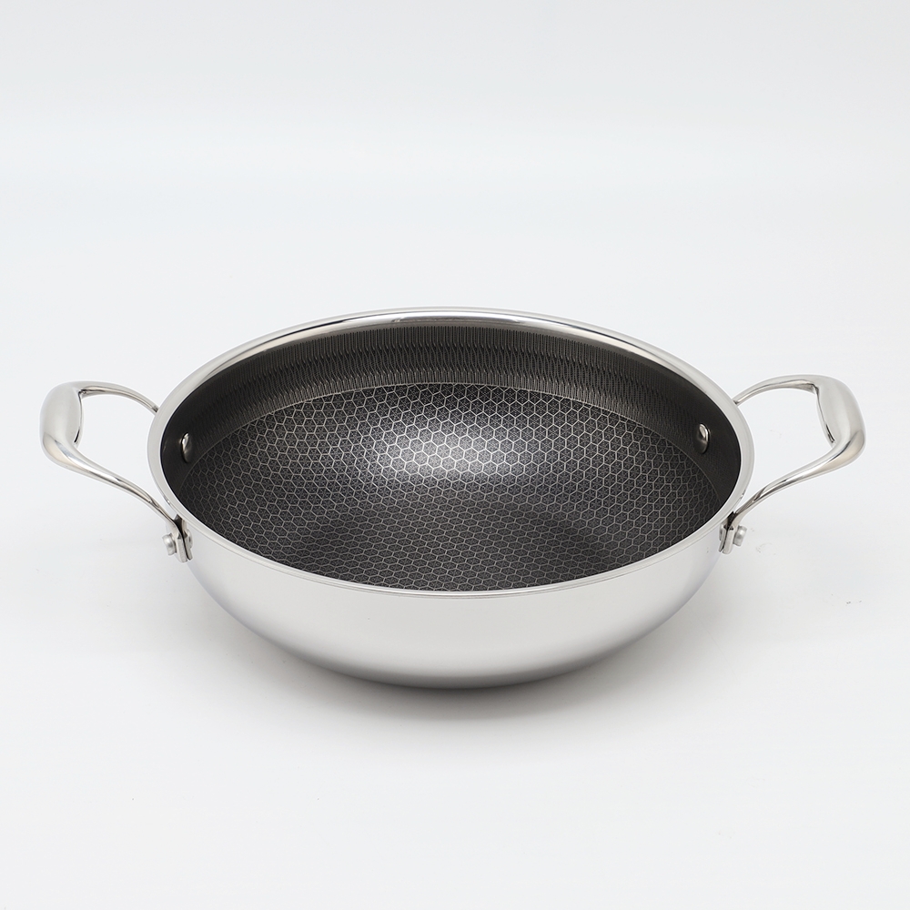 Dreilagige Hybrid-Pfanne und Wok mit doppelten Ohren, PFAS, PFOA-frei, Waben-Edelstahl-Antihaft-Wok-Pfanne, Kochgeschirr mit Glasdeckel