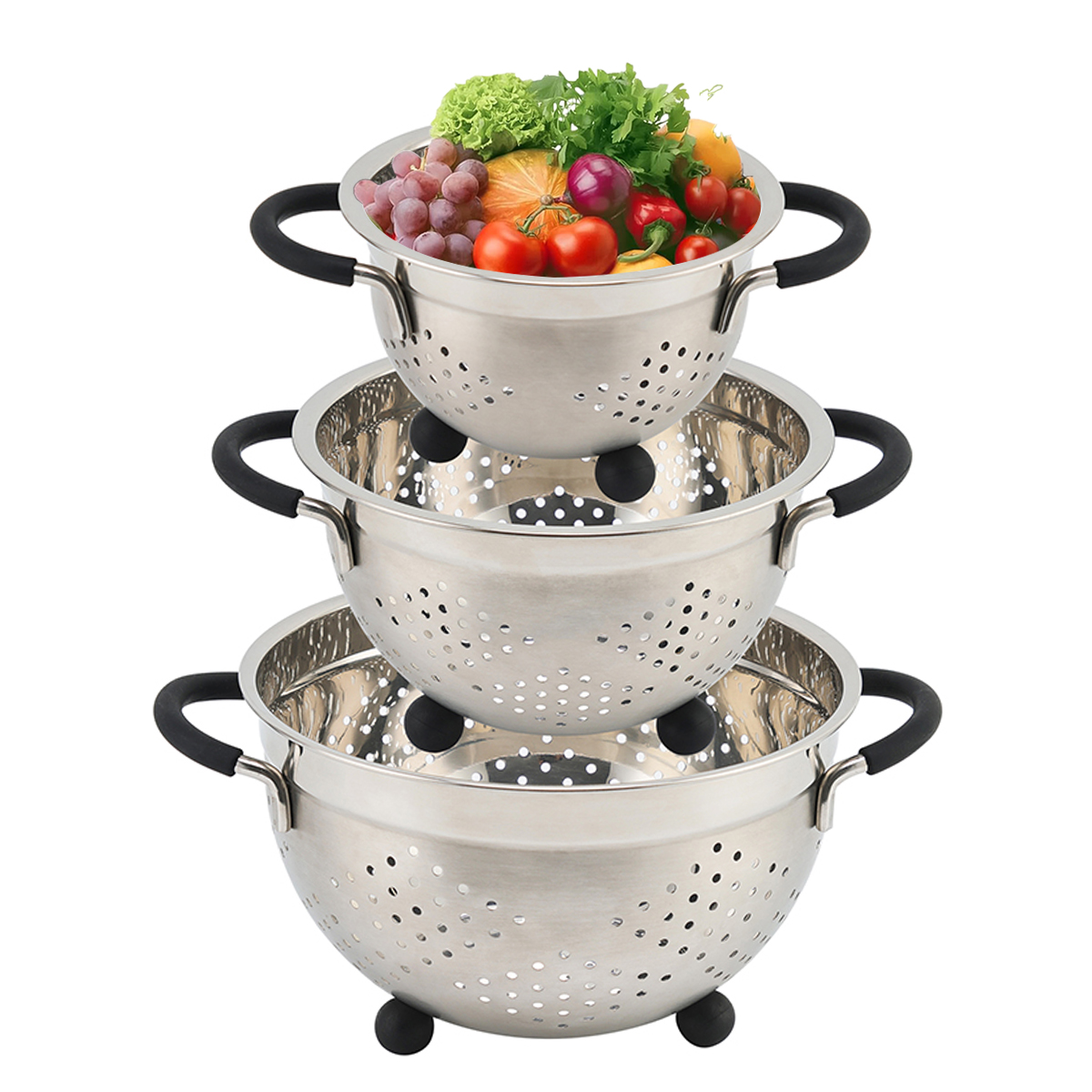 Obst-Gemüse-Küchensieb-Siebe-Set, Edelstahl-Abflusswaschaufbewahrung, Abflusskorb mit Silikongriff und Füßen