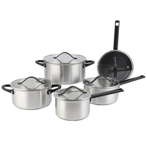Großhandel 10-teiliges dreilagiges Edelstahl-Küchen-Kochpfannen-Topf-Set, dreifach antihaftbeschichtetes Kochgeschirr-Set mit individuellem schwarzem Griff