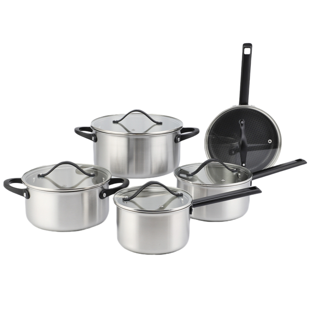 Großhandel 10-teiliges dreilagiges Edelstahl-Küchen-Kochpfannen-Topf-Set, dreifach antihaftbeschichtetes Kochgeschirr-Set mit individuellem schwarzem Griff
