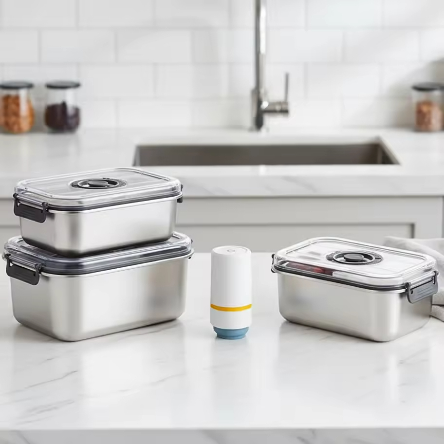 Neues Design 304 Edelstahl Frischhalte-Lunchbox Vakuumdichtungsdeckel Auslaufsichere Heizung in Lebensmittelqualität mit elektrischer Pumpe