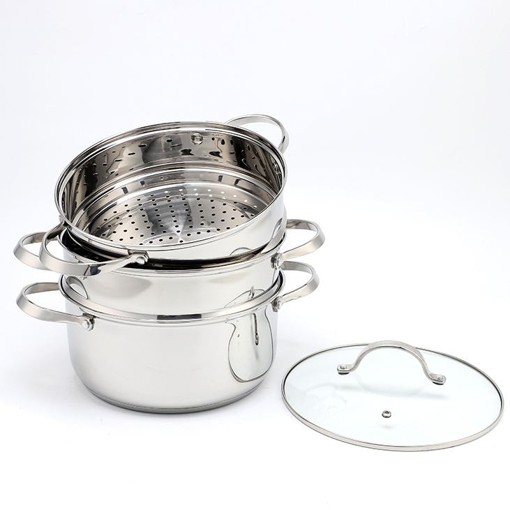 Fabrik-Direktverkauf Mehrzweck-3-Schicht-Dampftopf aus Edelstahl mit Dampfkorb und Deckel aus gehärtetem Glas