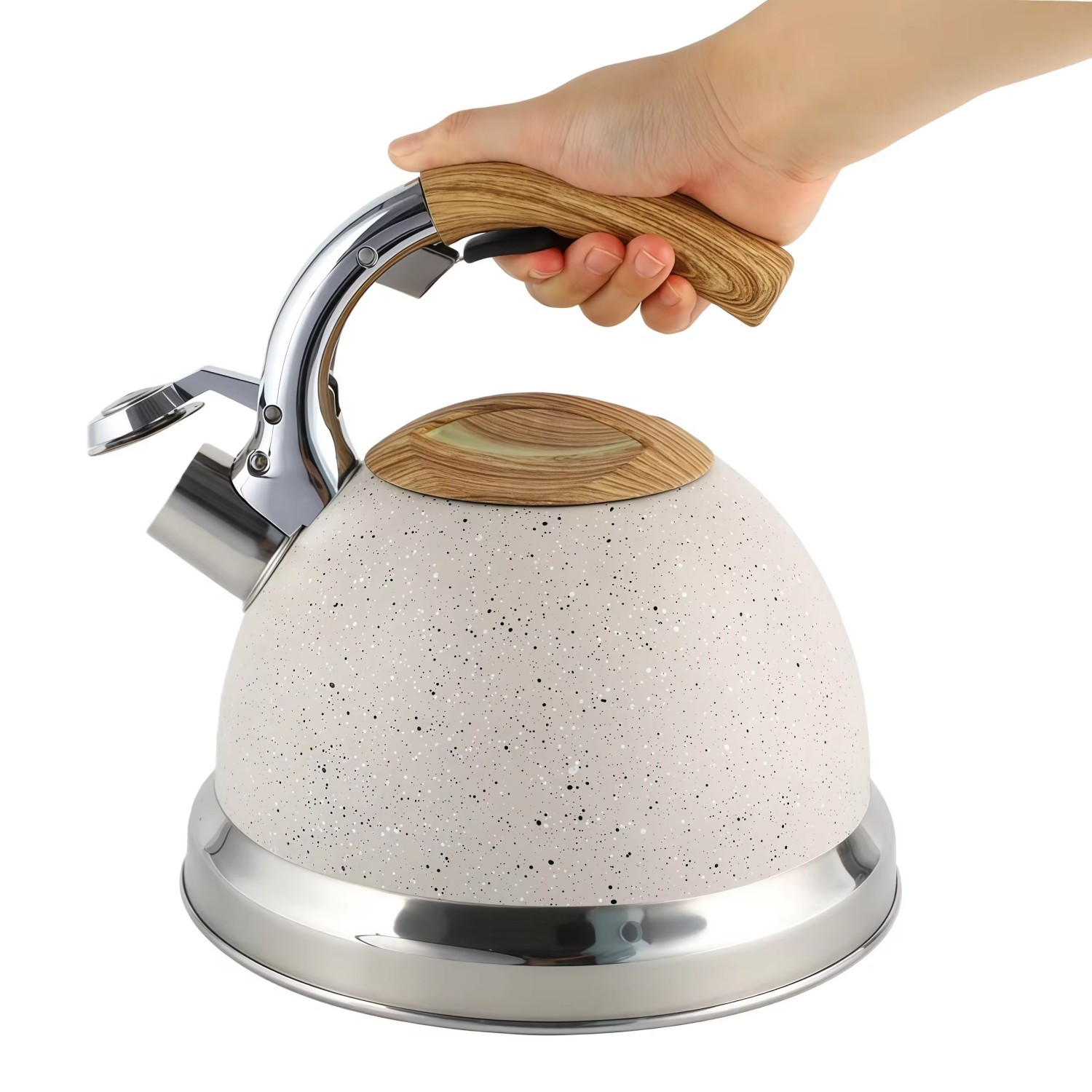 Fabrikgroßhandel 3L Pfeifender Teekessel Teekanne Kundenspezifische Farbe Edelstahl Heißwasser für ALLE Herdplatten mit Holzgriff