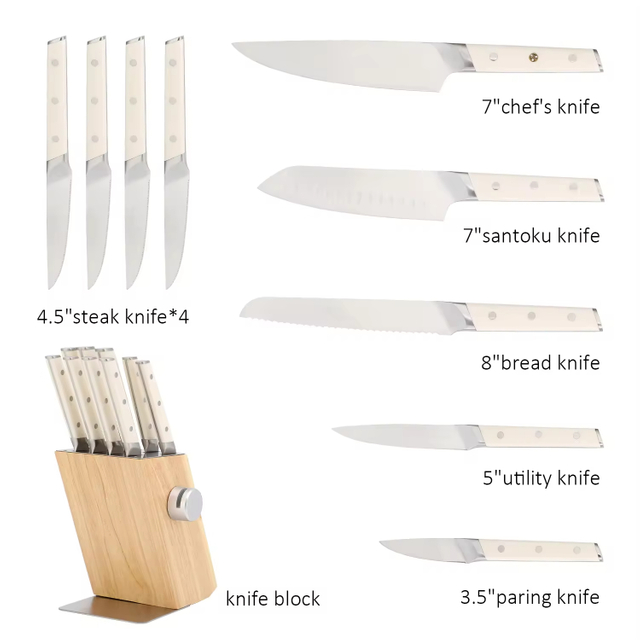 Hochwertiges, traditionelles Küchenmesser-Set aus Metall, klassisches Messerset aus Edelstahl mit Holzblock und Selbstschärfer