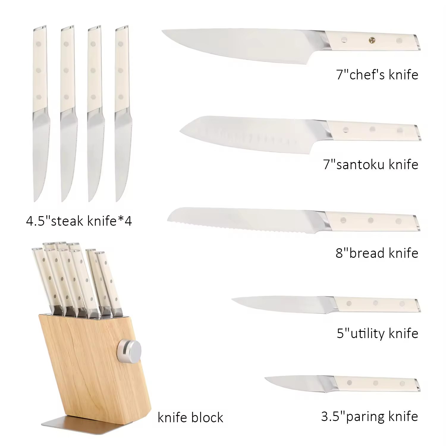 Hochwertiges, traditionelles Küchenmesser-Set aus Metall, klassisches Messerset aus Edelstahl mit Holzblock und Selbstschärfer