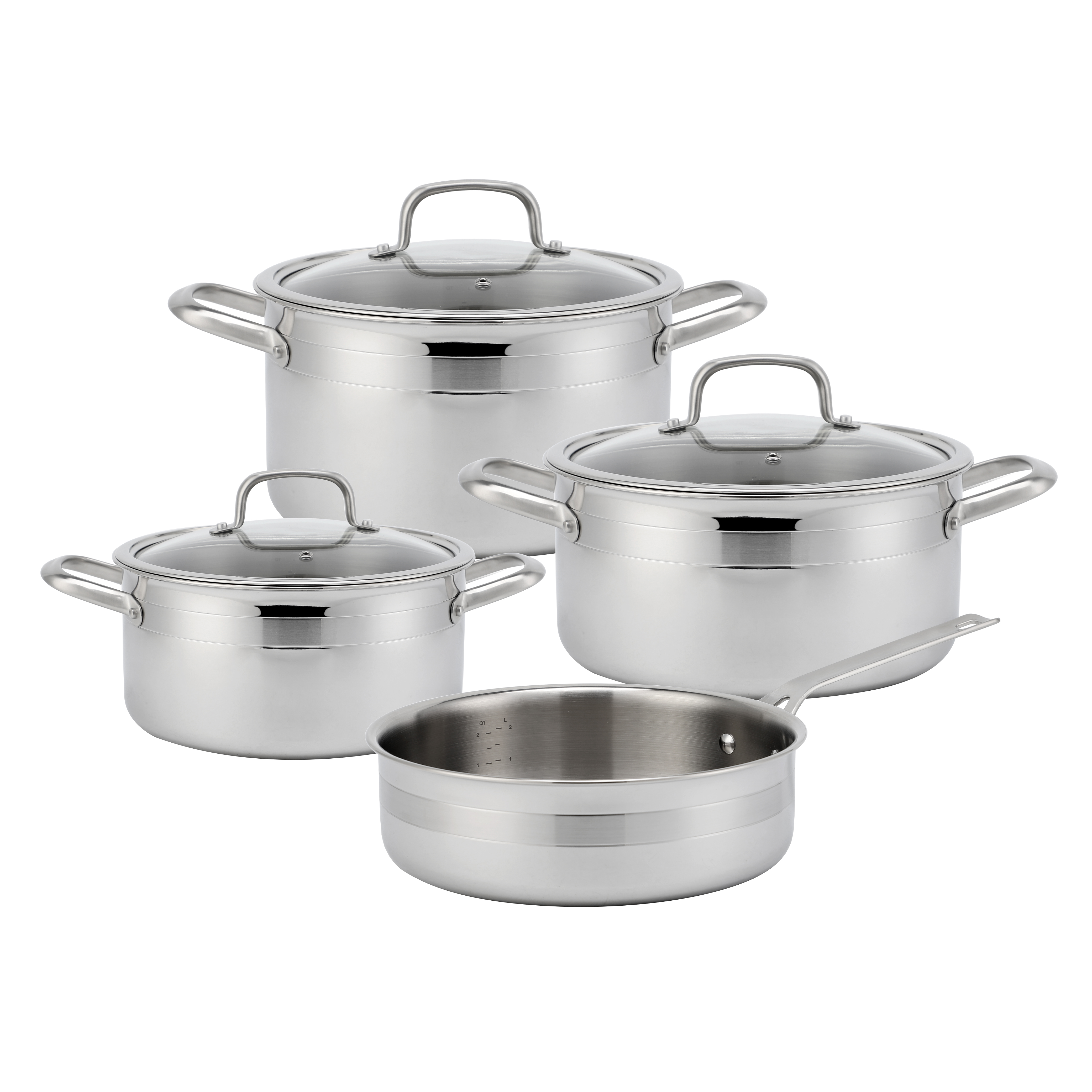 Dreifach-Kochgeschirr-Set aus Edelstahl, langlebige Metalltöpfe und -pfannen mit hochglanzpolierter Glasabdeckung und genietetem Griff
