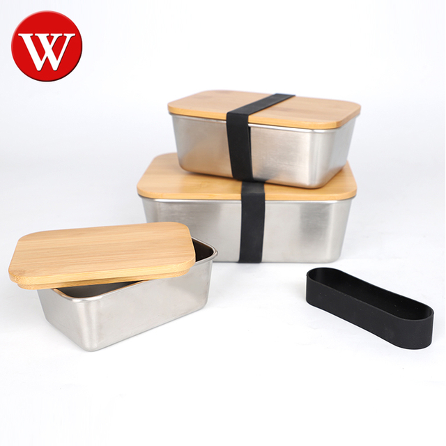 Bambusdeckel, Lebensmittelbehälter aus Edelstahl, Lebensmittelverpackungsbehälter, auslaufsichere Metall-Bento-Lunchbox, Lebensmittelträger aus Edelstahl