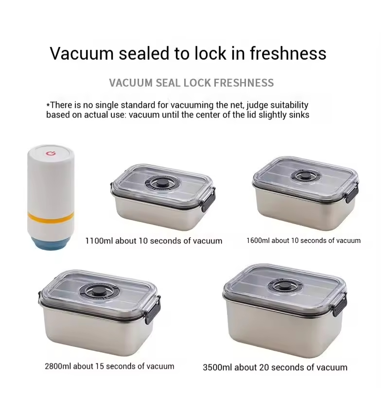 Neues Design 304 Edelstahl Frischhalte-Lunchbox Vakuumdichtungsdeckel Auslaufsichere Heizung in Lebensmittelqualität mit elektrischer Pumpe