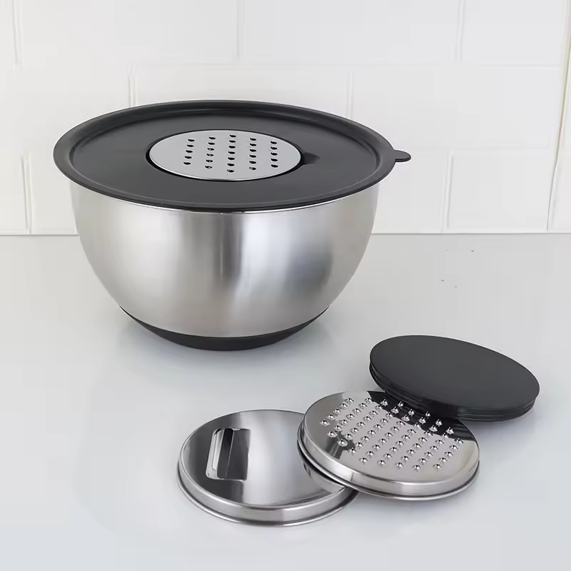 Großhandel Multi Edelstahl Sieb Becken Reibe Sieb 3 in 1 Rührschüsseln mit Korb Gemüseschneider Sieb Set