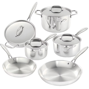 Modernes 10-teiliges Kochtopf-Set aus Edelstahl, umweltfreundlich, ofenfest, Induktionsboden, gehärteter Glasdeckel, Metallpfannen, effizient