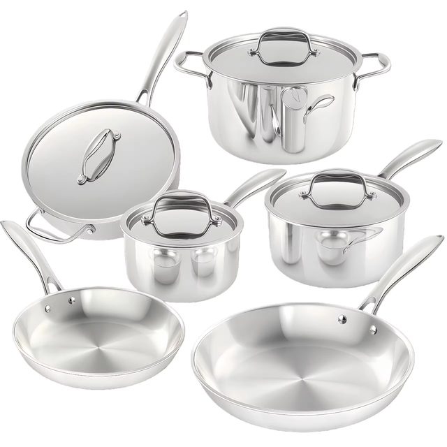 Modernes 10-teiliges Kochtopf-Set aus Edelstahl, umweltfreundlich, ofenfest, Induktionsboden, gehärteter Glasdeckel, Metallpfannen, effizient