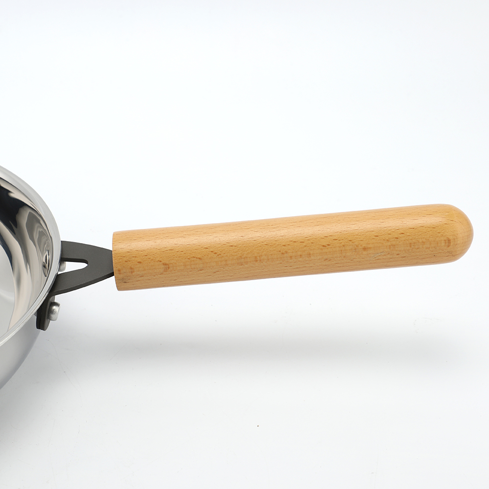 Werkseitig angepasste Dreifach-Kochpfanne in Lebensmittelqualität, Edelstahl, nicht beschichtet, Bratpfanne zum Ausgießen, Bratpfanne, Omlet mit Holzgriffdeckel