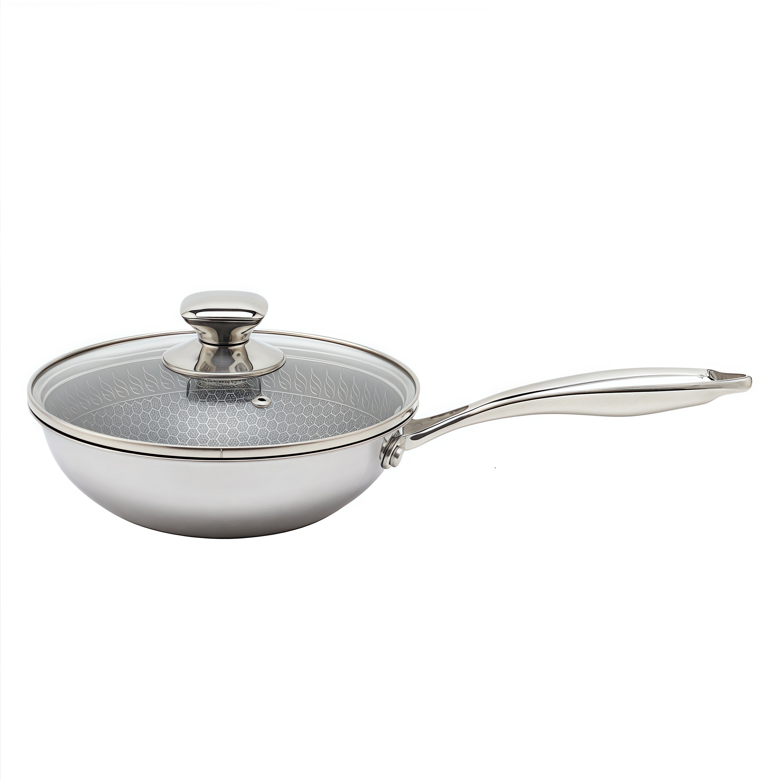 Dreilagige Hybrid-Pfanne und Wok mit doppelten Ohren, PFAS, PFOA-frei, Waben-Edelstahl-Antihaft-Wok-Pfanne, Kochgeschirr mit Glasdeckel