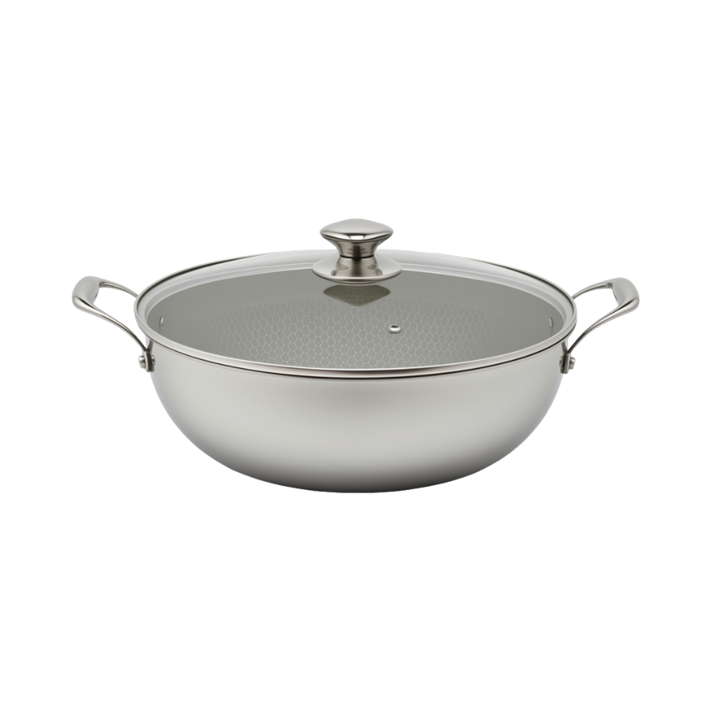 Dreilagige Hybrid-Pfanne und Wok mit Doppelohren, PFAS, PFOA-frei, Titanbeschichtung, Edelstahl, Antihaft-Wok-Pfanne, Kochgeschirr mit Glasdeckel