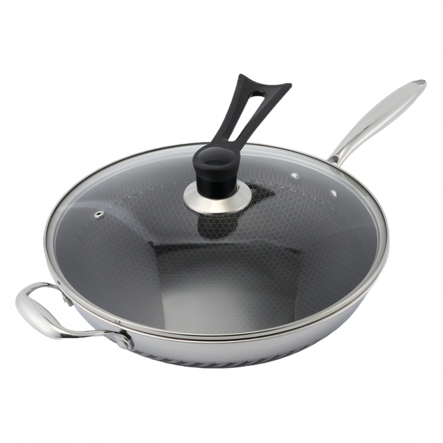 Hybrider TriPly-Edelstahl-Antihaft-Wok mit Griff, ohne Beschichtung, antihaftbeschichtetes Kochgeschirr, unterstützt ODM/OEM, ungiftig, ohne PFAS. PFAS