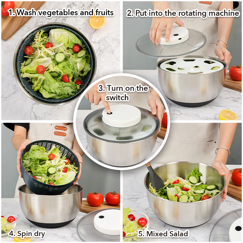 Edelstahl-Salatschleuder, Obst- und Gemüseschneider, elektrische Salatschleuder