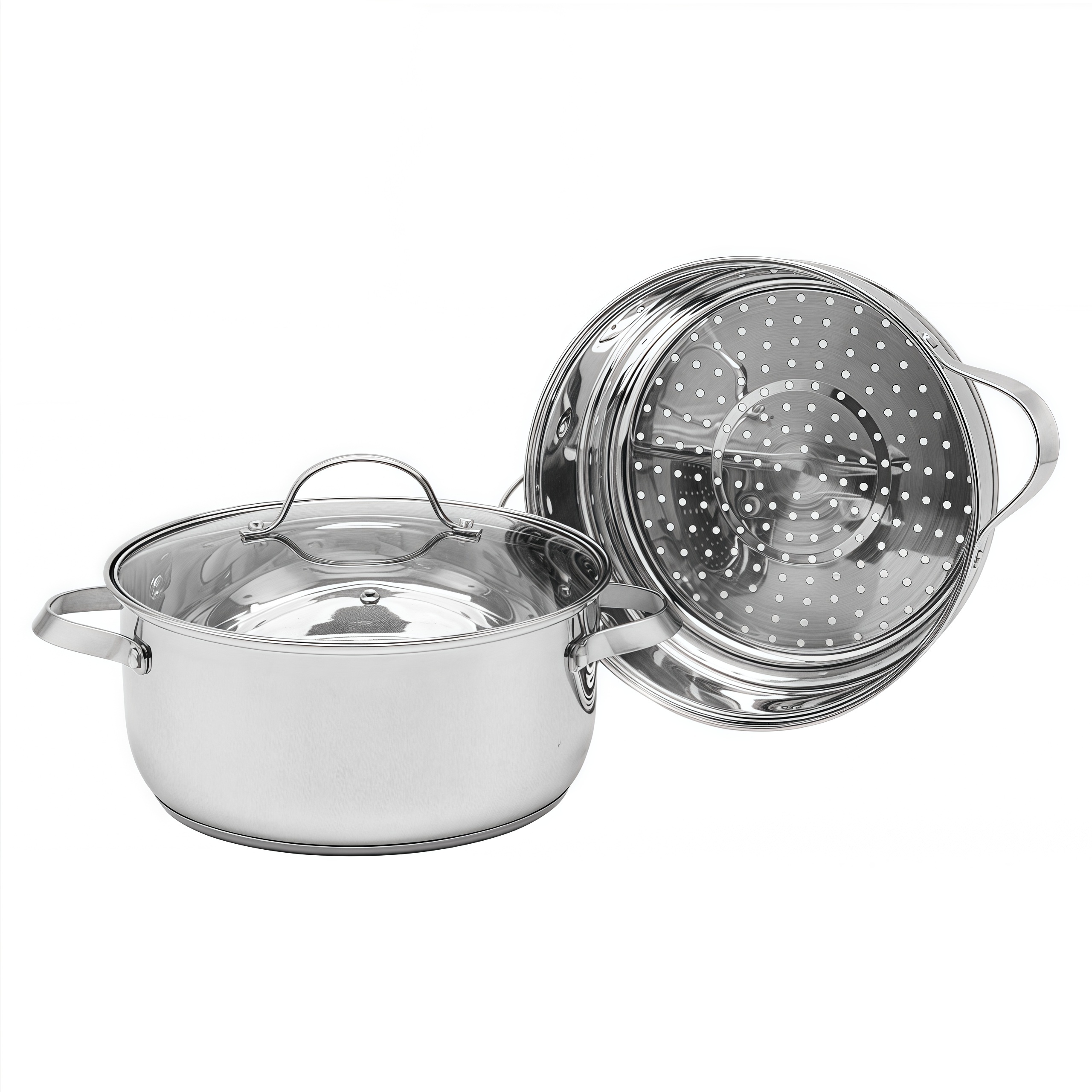 Fabrik-Direktverkauf Mehrzweck-2-Schicht-Dampftopf aus Edelstahl mit Dampfkorb und Deckel aus gehärtetem Glas