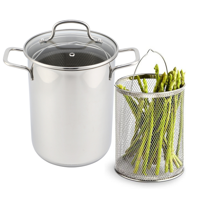Spargel-Dämpftopf mit Netzkorb, 3 Quart Gemüsekocher aus Edelstahl mit Deckel aus gehärtetem Glas