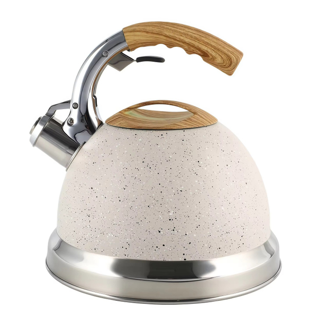 Fabrikgroßhandel 3L Pfeifender Teekessel Teekanne Kundenspezifische Farbe Edelstahl Heißwasser für ALLE Herdplatten mit Holzgriff