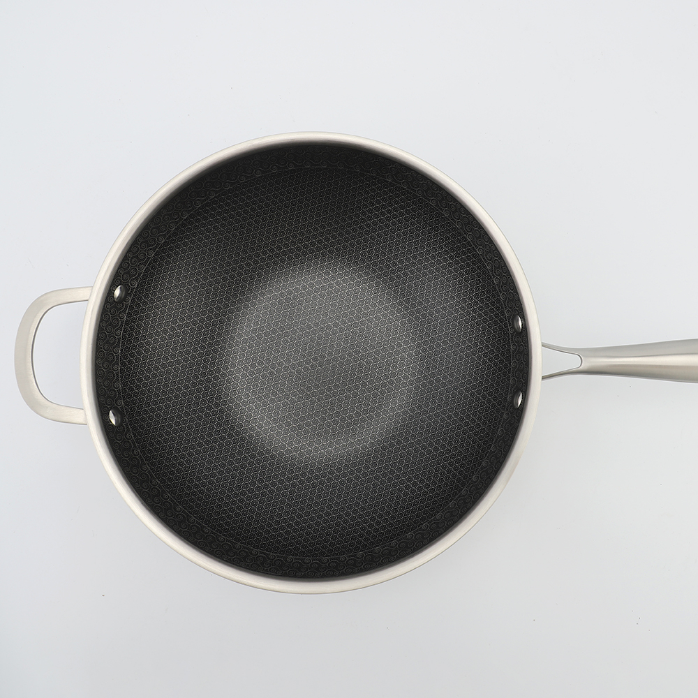 Dreilagige Hybrid-Pfanne und Wok mit doppelten Ohren, PFAS, PFOA-frei, Waben-Edelstahl-Antihaft-Wok-Pfanne, Kochgeschirr mit Glasdeckel