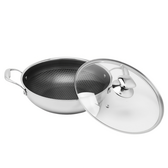 Dreilagige Hybrid-Pfanne und Wok mit doppelten Ohren, PFAS, PFOA-frei, Waben-Edelstahl-Antihaft-Wok-Pfanne, Kochgeschirr mit Glasdeckel